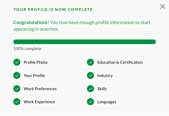 Profile completion status at 100%